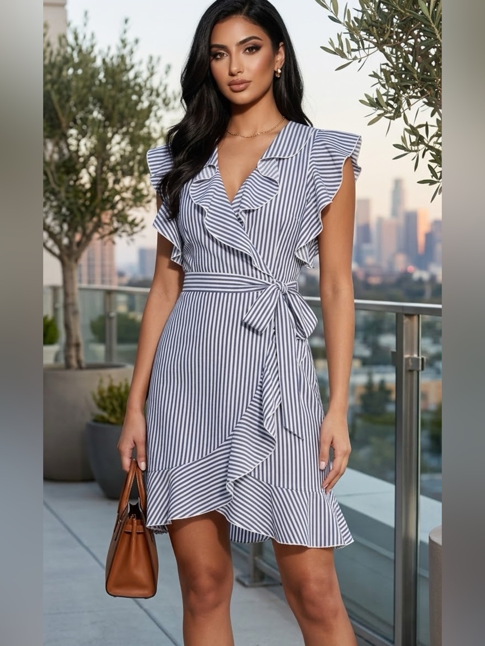 Elizabeth Crosby Pippa Ruffle Striped Illustration Wrap Dress Blue size Small